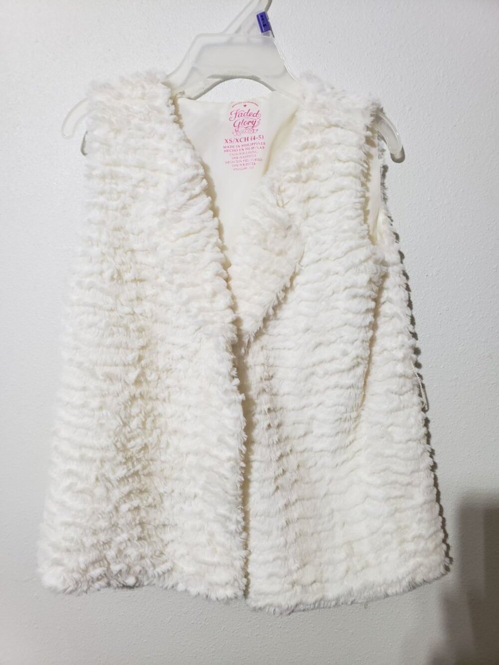 Faded Glory girl's ivory faux fur vest, size XS (4-5)